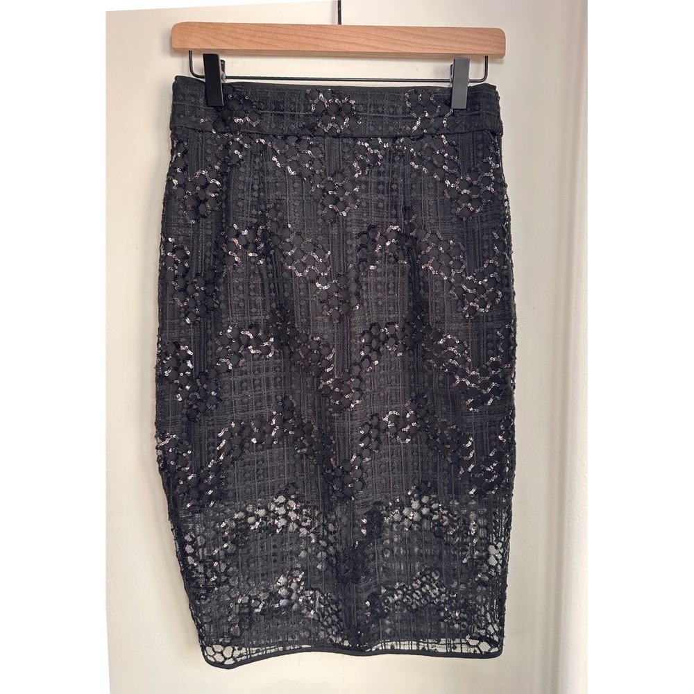 MILLY Luxury Designer Black Sequin Tulle Midi Pencil Skirt Size 4 NWT